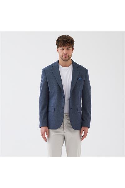 Sarbello Erkek Açık Lacivert Esnek Poliviskon Kumaşlı Tam Astar Slim Fit Mono Yaka Spor Blazer Ceket