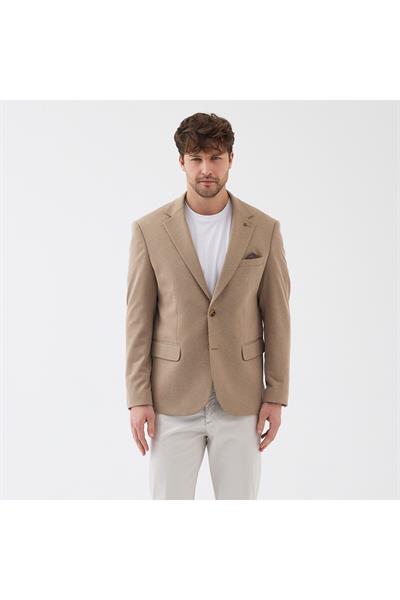 Sarbello Erkek Bej Esnek Poliviskon Kumaşlı Tam Astarlı Slim Fit Mono Yaka Spor Blazer Ceket