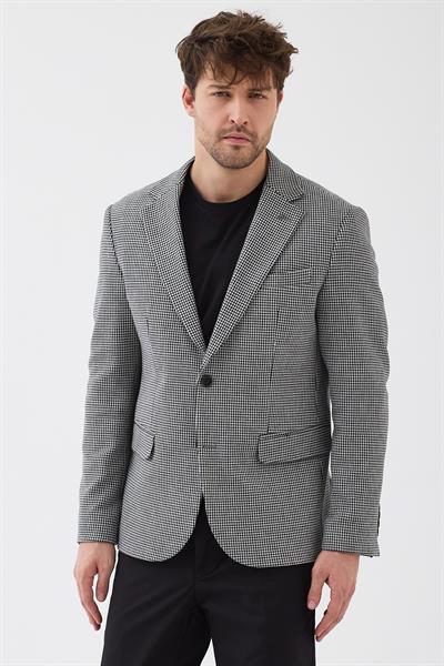 Sarino Erkek Siyah-Gri Pamuk Karışımlı Esnek Kazayağı Desenli Slim Fit Spor Blazer Ceket