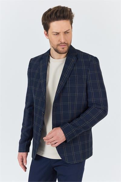 Sarmue Erkek Açık Lacivert Ekose Kareli Polyviskon Kumaş Slim Fit Dar Kesim Spor Blazer Ceket