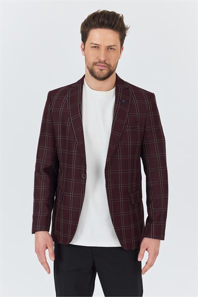 Sarmue Erkek Bordo Ekose Kareli Polyviskon Kumaş Slim Fit Dar Kesim Spor Blazer Ceket