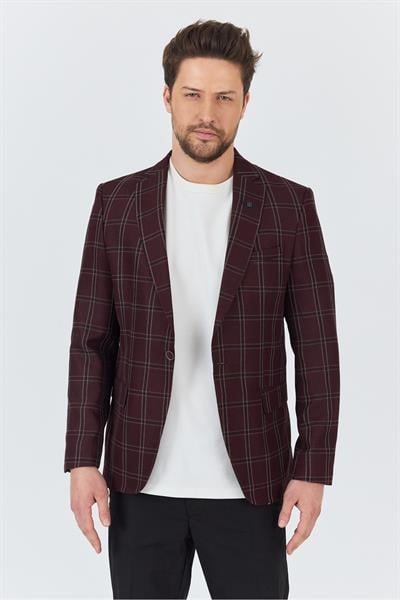 Sarmue Erkek Bordo Ekose Kareli Polyviskon Kumaş Slim Fit Dar Kesim Spor Blazer Ceket