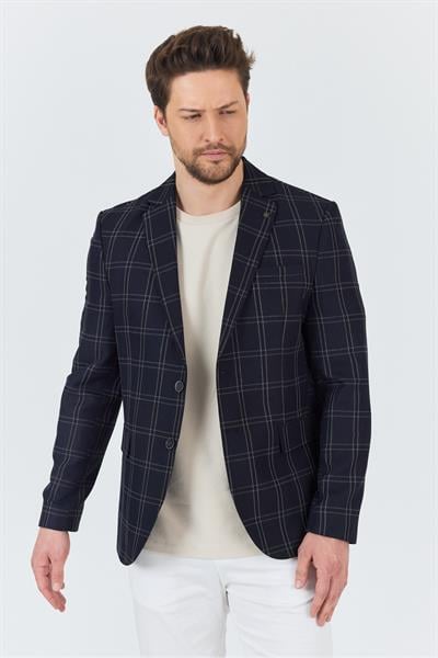 Sarmue Erkek Koyu Lacivert Ekose Kareli Poliviskon Kumaş Slim Fit Dar Kesim Spor Blazer Ceket