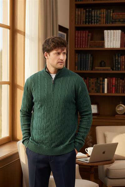 Satka Erkek Zümrüt Yeşili Kalın Saç Örgü Yarım Fermuarlı Pamuklu Kazak