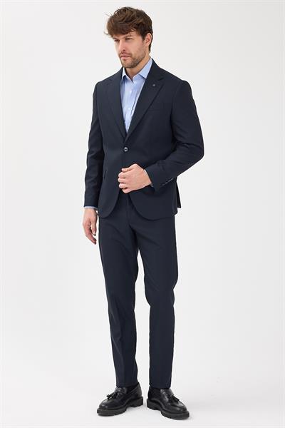 Savin Erkek Lacivert Poliviskon Kumaşlı Mono Yaka Kapak Cepli Yarım Astar Slim Fit 2li Takım Elbise