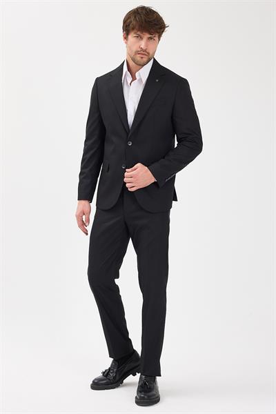 Savin Erkek Siyah Poliviskon Kumaşlı Mono Yaka Kapak Cepli Yarım Astar Slim Fit 2li Takım Elbise