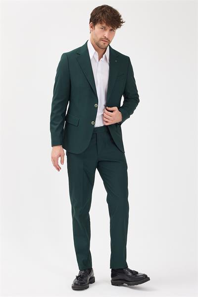 Savin Erkek Yeşil Poliviskon Kumaşlı Mono Yaka Kapak Cepli Yarım Astar Slim Fit 2li Takım Elbise