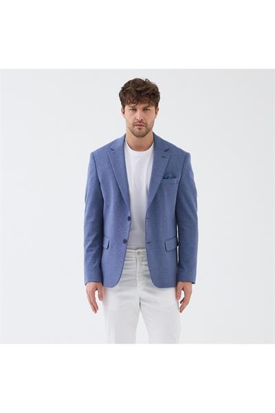 Savue Erkek Açık Lacivert Pamuk Karışımlı Likralı Esneyen Kumaşlı Spor Blazer Ceket
