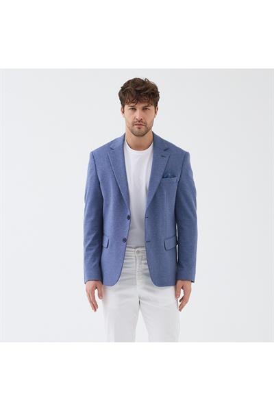 Savue Erkek Açık Lacivert Pamuk Karışımlı Likralı Esneyen Kumaşlı Spor Blazer Ceket