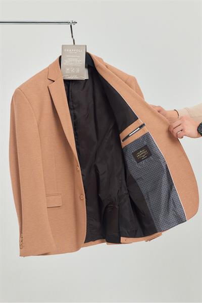 Savue Erkek Bej Pamuk Karışımlı Esneyen Kumaş Slim Fit Blazer Ceket (Büyük Beden - Battal)
