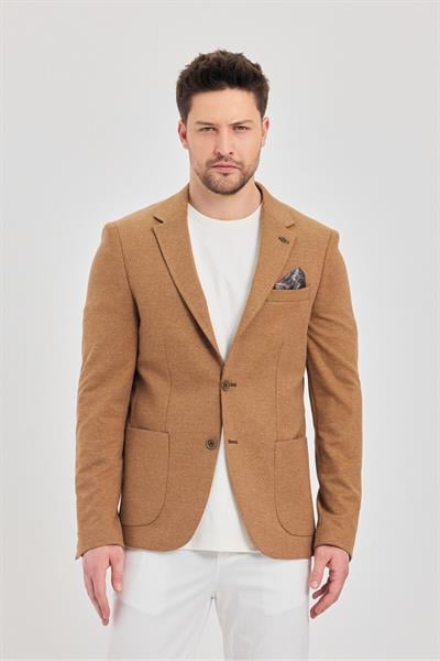 Savue Erkek Camel Pamuk Karışımlı Esneyen Kumaş Torba Cepli Slim Fit Blazer Ceket