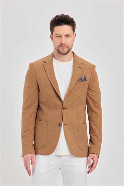 Savue Erkek Camel Pamuk Karışımlı Esneyen Kumaş Torba Cepli Slim Fit Blazer Ceket