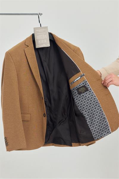 Savue Erkek Camel Pamuk Karışımlı Esneyen Kumaş Slim Fit Blazer Ceket (Büyük Beden - Battal)
