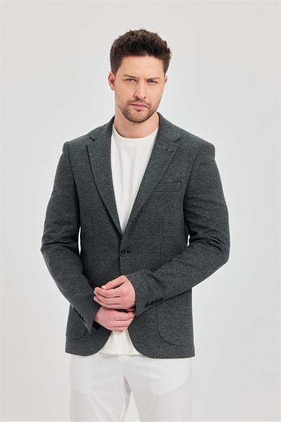 Savue Erkek Siyah Pamuk Karışımlı Esneyen Kumaş Torba Cepli Slim Fit Blazer Ceket
