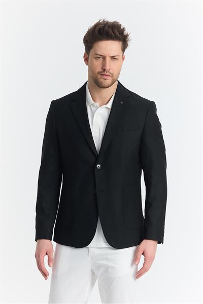 Serardo Erkek Kömür Siyah Yarım Astarlı Pamuk Karışımlı Torba Cepli İlkbahar-Yaz Spor Blazer Ceket