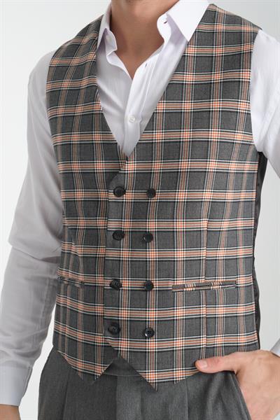 Siyah-Hardal Ekose Desenli V Yaka Kruvaze Yelek Slim Fit