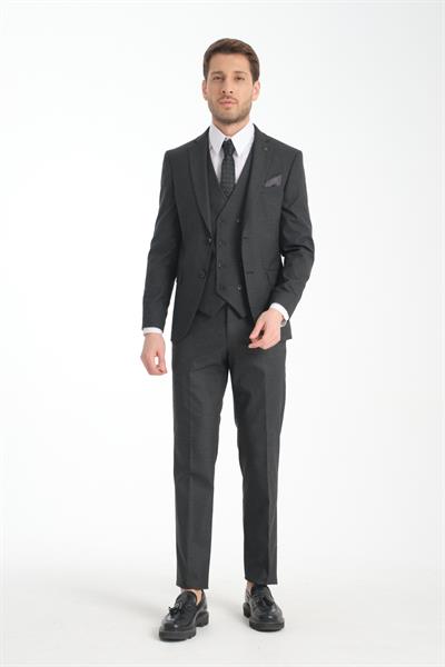 Slim Fit Antrasit Düz Mono Yaka Çift Yırtmaçlı Astarlı Takim Elbise