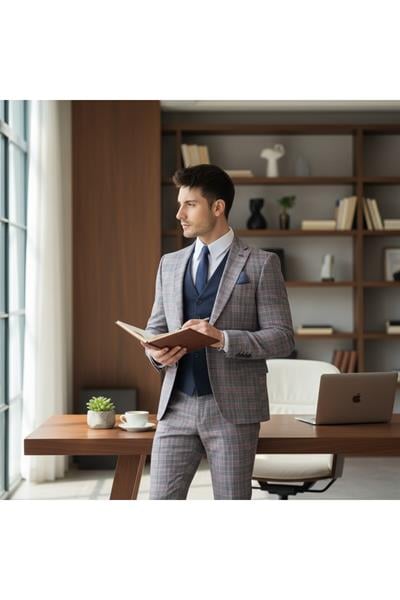 Slim Fit Gri-Bordo Ekose Kareli Düz Mono Yaka Çift Yırtmaçlı Astarlı Takim Elbise