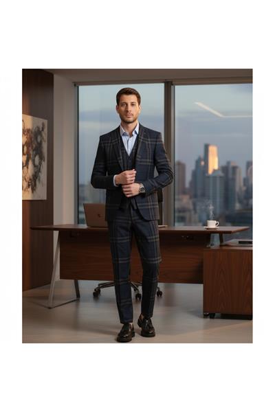 Slim Fit Lacivert Ekose Kareli Düz Mono Yaka Çift Yırtmaçlı Astarlı Takim Elbise