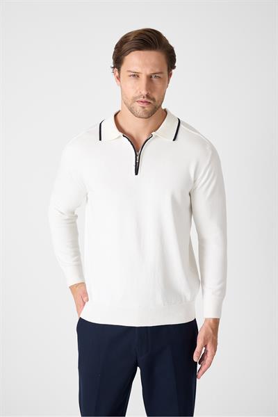 Solin Erkek Kemik İtalyan Biyeli Fermuarlı Pamuklu Spor Polo Yaka