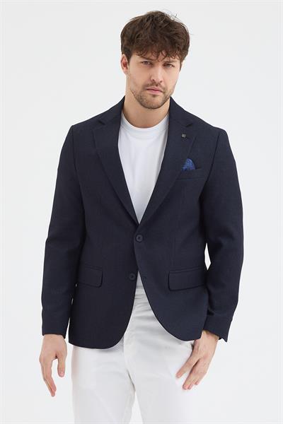Sorex Erkek Lacivert Poliviskon Kumaşlı Slim Fit Kendinden Mendilli Mono Yaka Spor Blazer Ceket