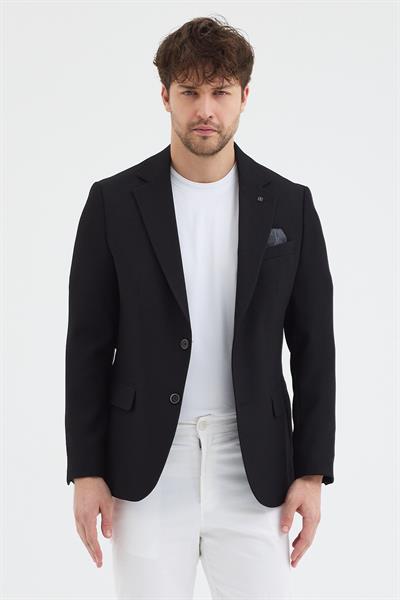Sorex Erkek Siyah Poliviskon Kumaşlı Slim Fit Kendinden Mendilli Mono Yaka Spor Blazer Ceket