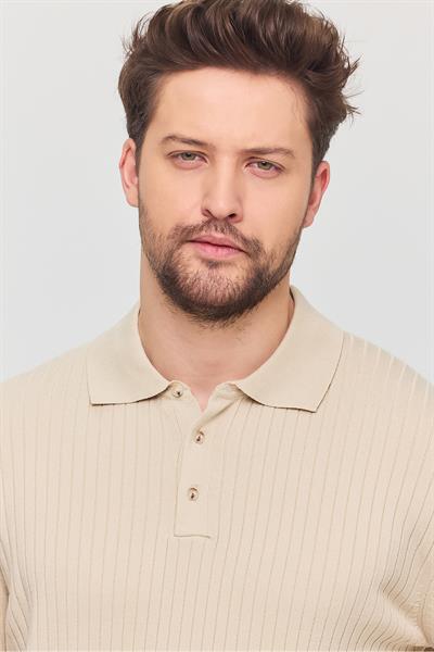 Soria Erkek Bej Pamuk Karışımlı Kendinden Çizgili Polo Yaka Slim Fit Triko