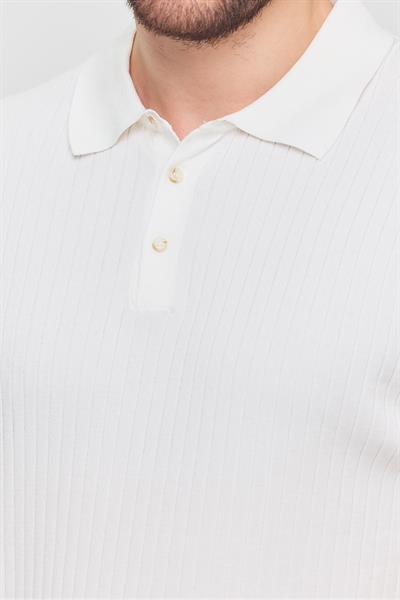 Soria Erkek Beyaz Pamuk Karışımlı Kendinden Çizgili Polo Yaka Slim Fit Triko