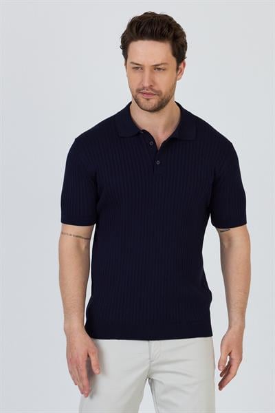 Soria Erkek Lacivert Pamuk Karışımlı Kendinden Çizgili Polo Yaka Slim Fit Triko