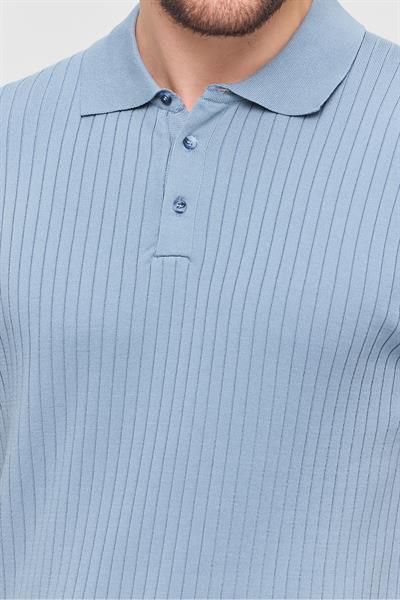 Soria Erkek Mavi Pamuk Karışımlı Kendinden Çizgili Polo Yaka Slim Fit Triko
