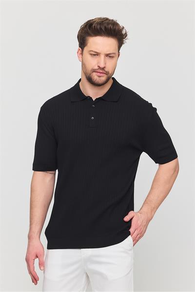 Soria Erkek Siyah Pamuk Karışımlı Kendinden Çizgili Polo Yaka Slim Fit Triko