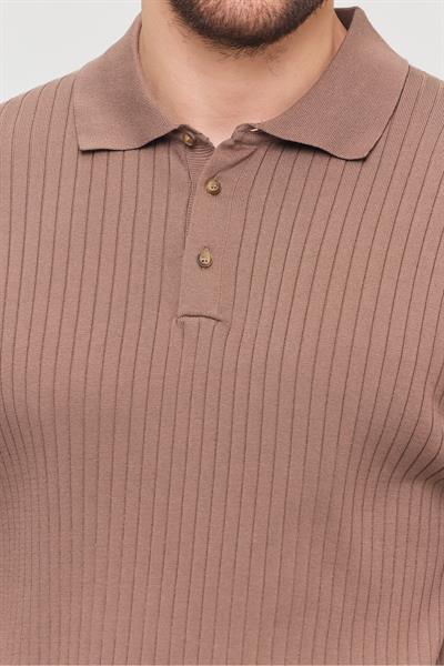 Soria Erkek Vizon Pamuk Karışımlı Kendinden Çizgili Polo Yaka Slim Fit Triko