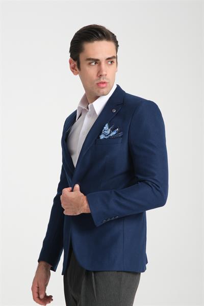 Str Erkek Indigo Slim Fit Mono Yaka Kendinden Desenli Spor Blazer Ceket