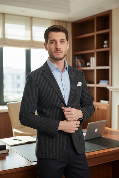 Sumano Erkek Koyu Lacivert İtalyan Çizgili Kalın Esnek Kumaş Slim Fit Dar Kesim Blazer Ceket