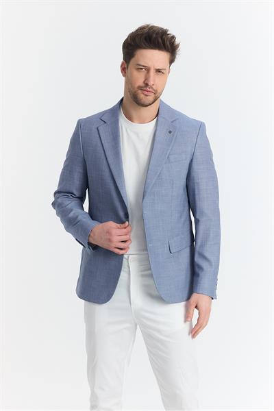 Tacues Erkek İndigo Yarım Astarlı Kapak Cepli Keten Karışımlı İlkbahar-Yaz Spor Blazer Ceket