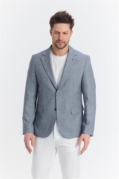 Tacues Erkek Lacivert Yarım Astarlı Kapak Cepli Keten Karışımlı İlkbahar-Yaz Spor Blazer Ceket