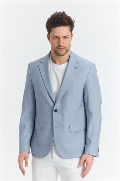 Tacues Erkek Mavi Yarım Astarlı Kapak Cepli Keten Karışımlı İlkbahar-Yaz Spor Blazer Ceket