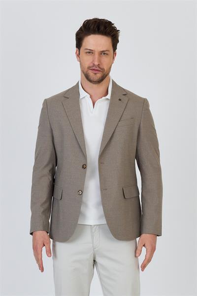 Tadic Erkek Bej Desenli Esneyen Kumaş Slim Fit Kapak Cepli Yarım Astar 4 Mevsim Blazer Ceket