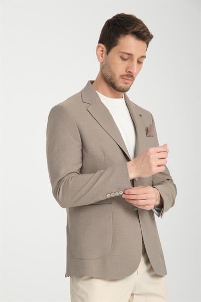 Tadic Erkek Bej Desenli Esneyen Kumaş Slim Fit Torba Cepli Yarım Astar 4 Mevsim Blazer Ceket