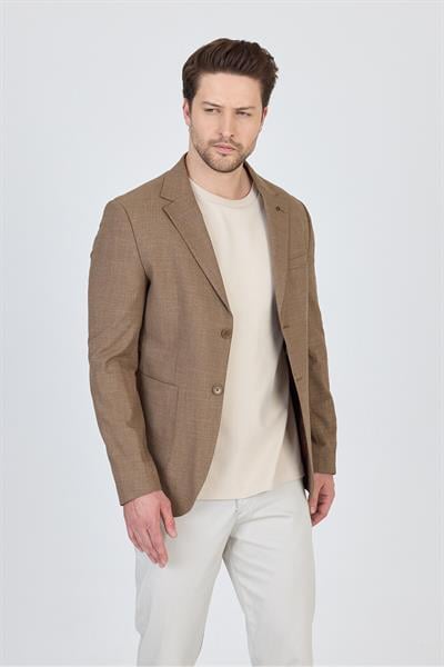 Tadic Erkek Camel Desenli Esneyen Kumaş Slim Fit Torba Cepli Yarım Astar 4 Mevsim Blazer Ceket