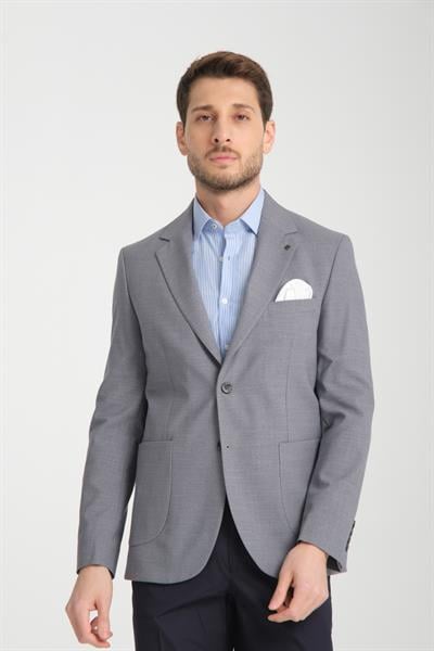 Tadic Erkek Gri Desenli Esneyen Kumaş Slim Fit Torba Cepli Yarım Astar 4 Mevsim Blazer Ceket