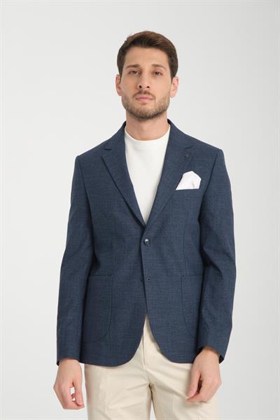 Tadic Erkek Indigo Desenli Esneyen Kumaş Slim Fit Kapak Cepli Yarım Astar 4 Mevsim Blazer Ceket