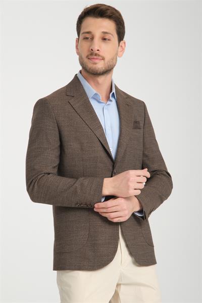 Tadic Erkek Kahve Desenli Esneyen Kumaş Slim Fit Torba Cepli Yarım Astar 4 Mevsim Blazer Ceket