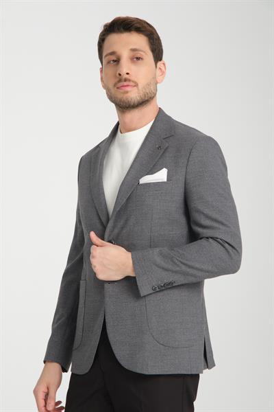 Tadic Erkek Koyu Gri Desenli Esneyen Kumaş Slim Fit Torba Cepli Yarım Astar 4 Mevsim Blazer Ceket