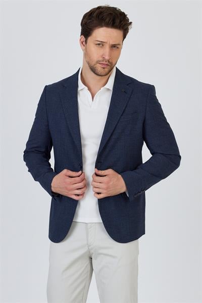 Tadic Erkek Lacivert Desenli Esneyen Kumaş Slim Fit Kapak Cepli Yarım Astar 4 Mevsim Blazer Ceket