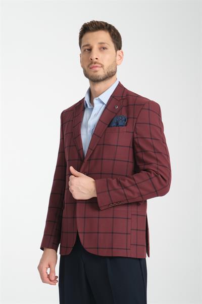 Tadufe Erkek Bordo - Lacivert Ekose Slim Fit Mono Yaka Spor Blazer Ceket