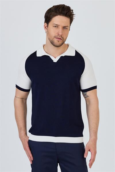 Timber Erkek Lacivert-kemik Pamuk Karışımlı Apaç Yaka Slim Fit Polo Yaka Triko T-shirt