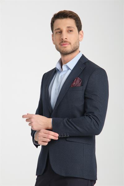 Timone Erkek Koyu Lacivert Slim Fit Dar Kesim Desenli Mevsimlik Blazer Ceket