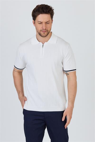 Toledo Erkek Beyaz-Lacivert Pamuk Karışımlı Kendinden Çizgili Slim Fit Polo Yaka Triko T-Shirt