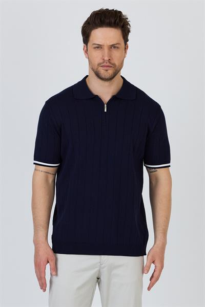Toledo Erkek Lacivert-Beyaz Pamuk Karışımlı Kendinden Çizgili Slim Fit Polo Yaka Triko T-Shirt